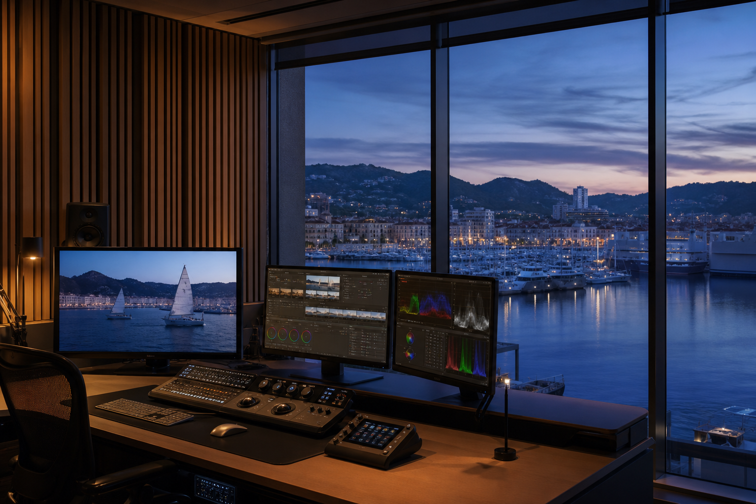 Salle de montage du studio Montage avec vue sur la rade de Toulon